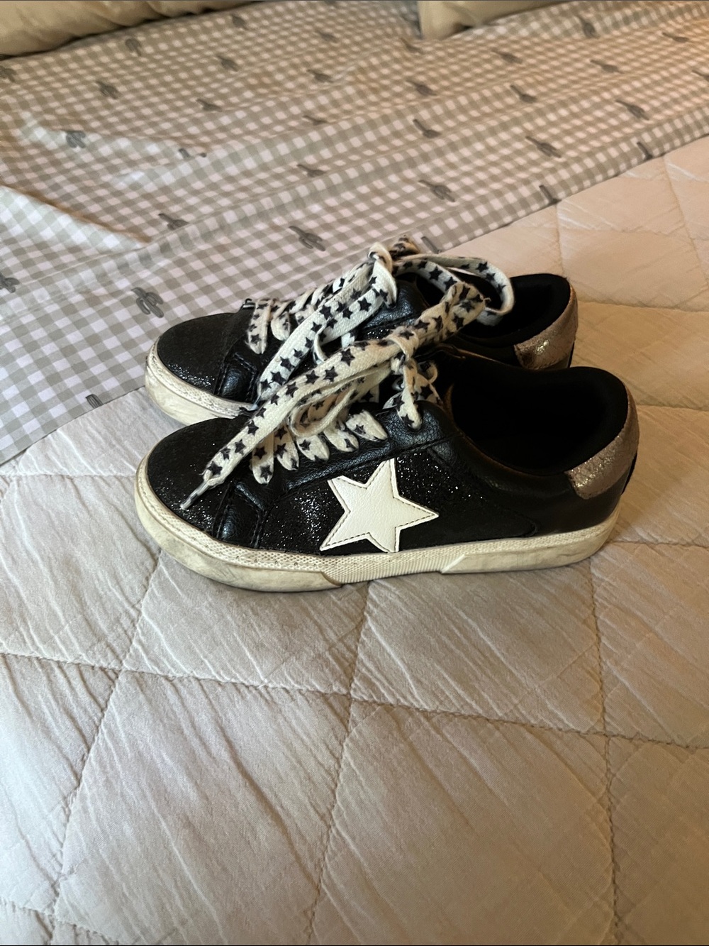 Kids Black Star Accent Sneakers with White Star and Glitter